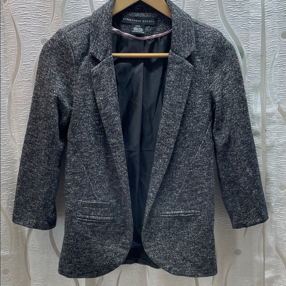 Streetwear Society Women's S P‎ C Black White Tweed Blazer 3/4 Sleeve Pockets